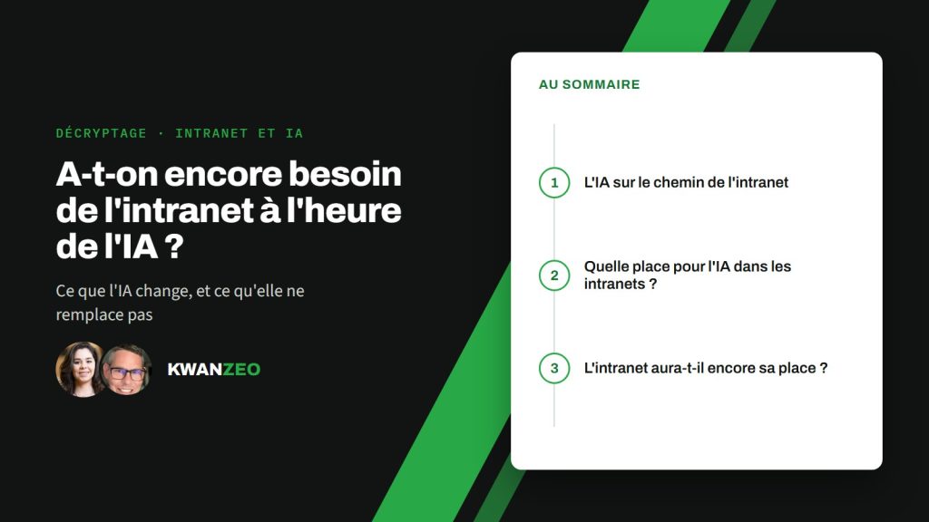 Illustration « A-t-on encore besoin de l'intranet à l'heure de l'IA ? » : au sommaire (L'IA sur le chemin de l'intranet, Quelle place pour l'IA dans les intranets ?, L'intranet aura-t-il encore sa place ?)