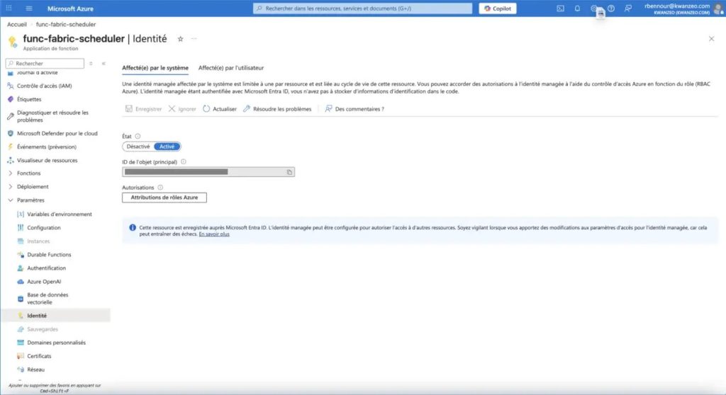 Activation de l’identité managée affectée par le système sur la Function App.