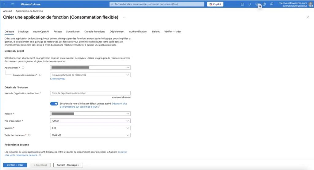 Création de la Function App Azure qui pilotera la capacité Fabric.