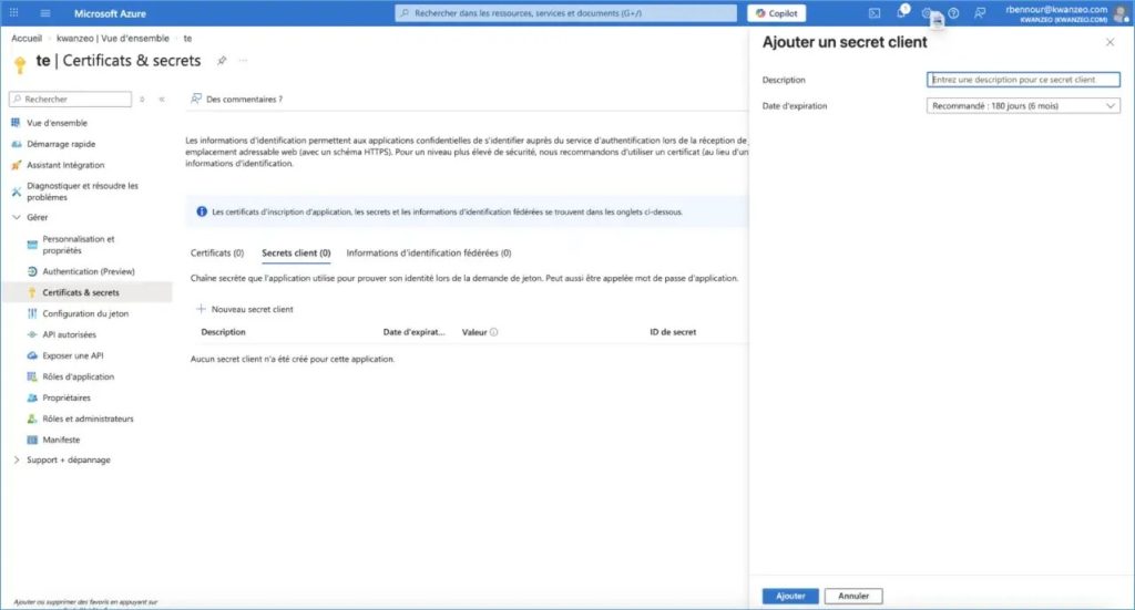 Création d’un secret client dans l’onglet Certificats et secrets.
