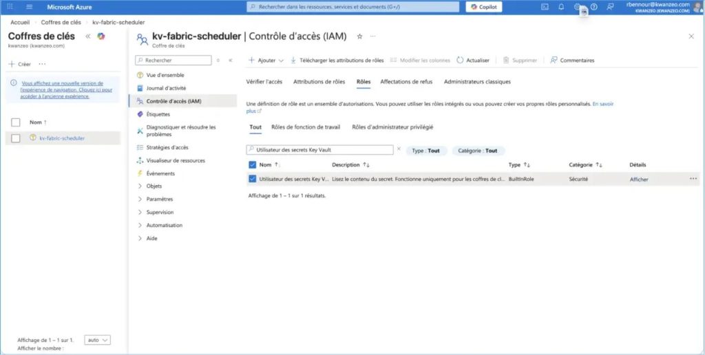 Attribution à la Function App du droit de lecture sur les secrets du Key Vault.
