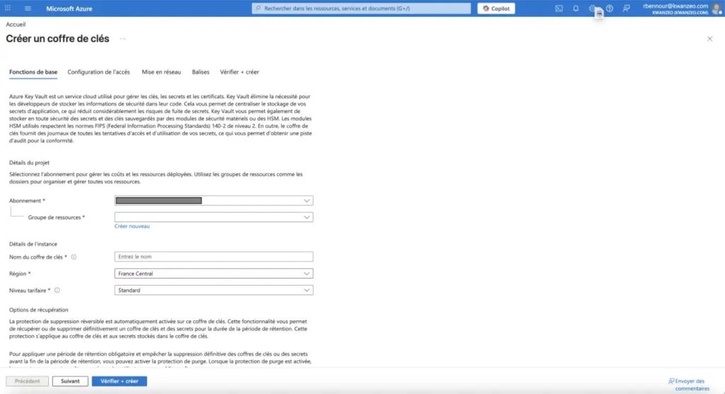 Création d’un coffre de clés Azure Key Vault.