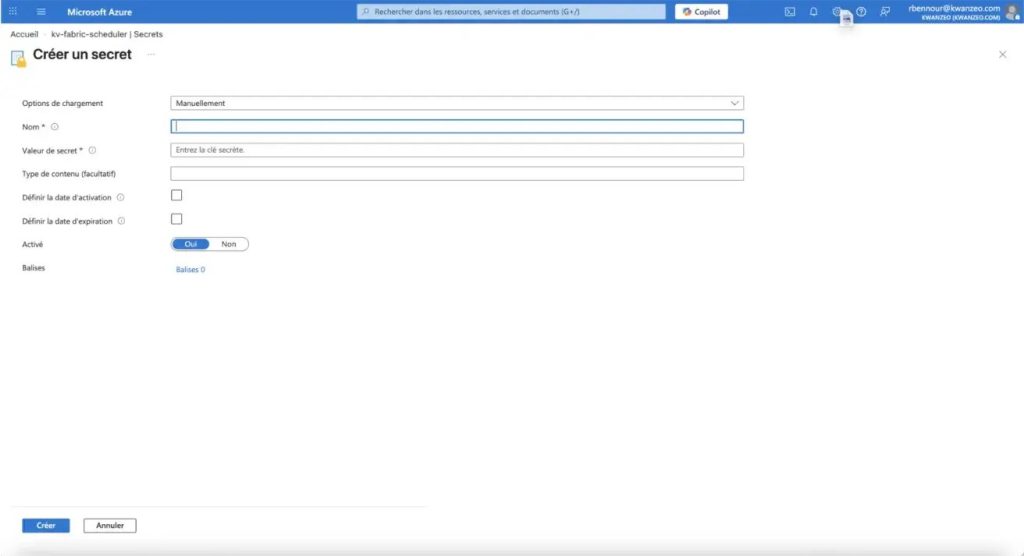 Ajout du secret du Service Principal dans Azure Key Vault.
