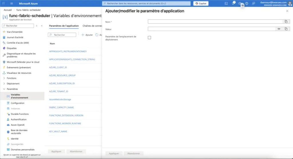 Configuration des variables d’environnement de la Function App func-fabric-scheduler.