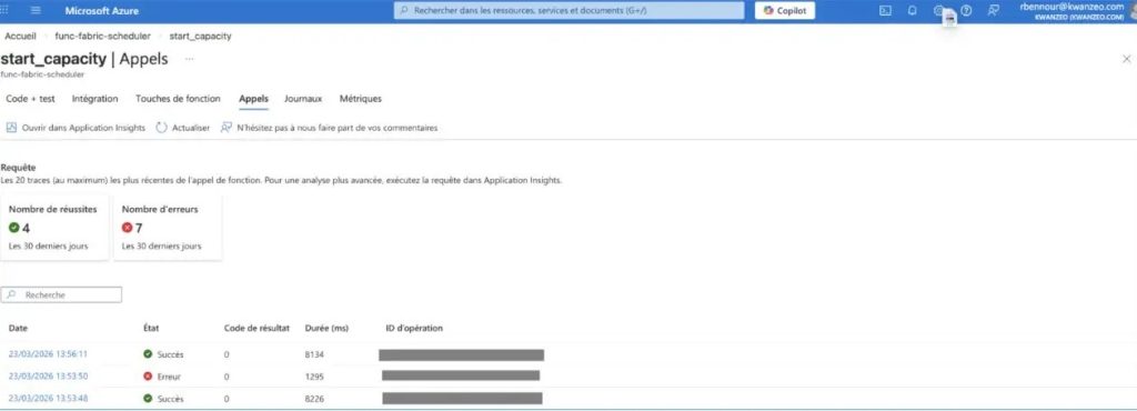 Consultation de l’historique des exécutions de la fonction start_capacity dans Azure.