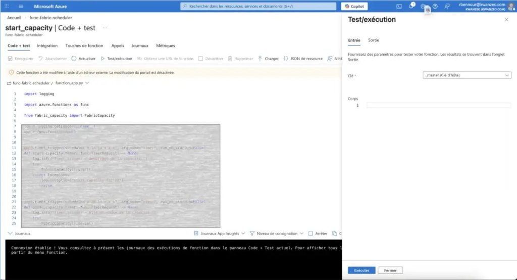 Test manuel de la fonction start_capacity depuis l’onglet Code + test de la Function App Azure.