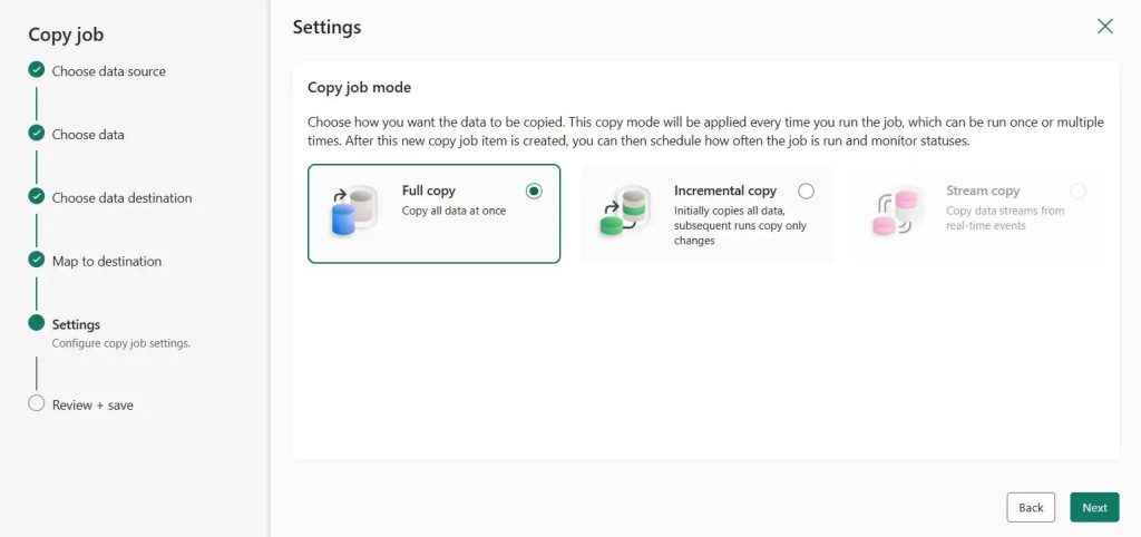 Choix de la méthode de copie : copie complète, incrémentielle ou en streaming