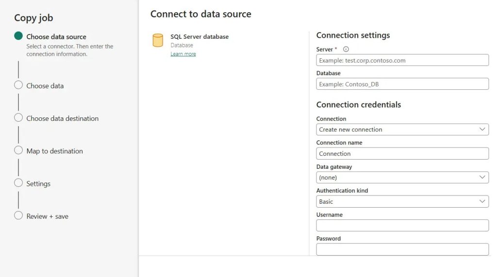 Sélection de la source Azure SQL et champs de connexion dans l'assistant Copy Job