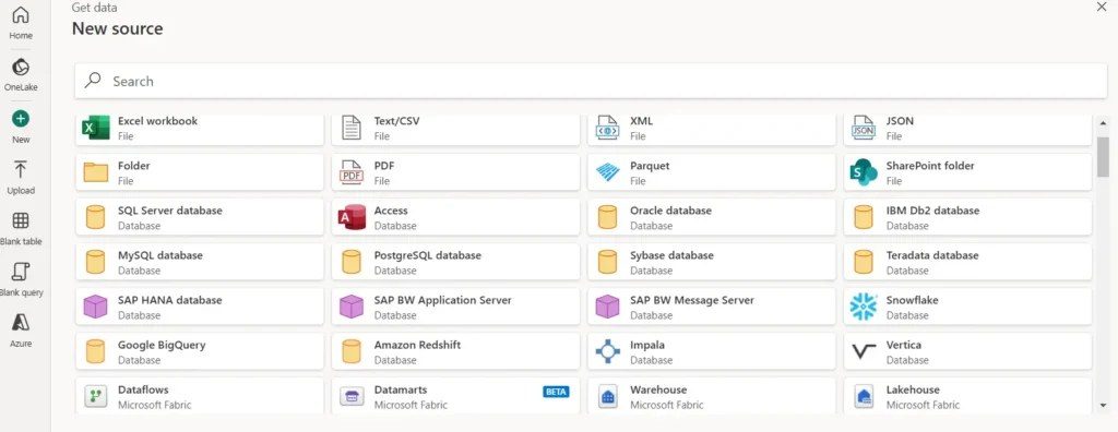 Sélection des sources de données disponibles dans Dataflow Gen2