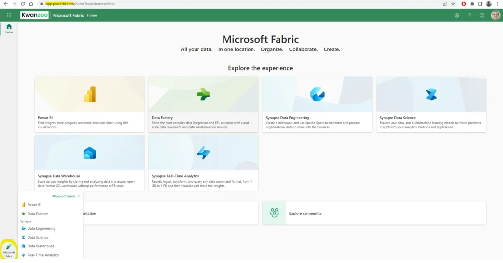 Page d'accueil de Microsoft Fabric en 2023 : expériences Power BI, Data Factory, Data Engineering, Data Science, Data Warehouse et Real-Time Analytics, et sélecteur d'expérience en bas à gauche