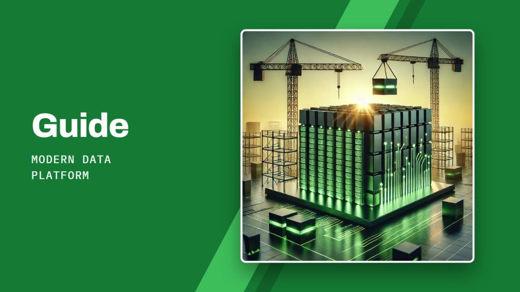 Guide Modern Data Platform : Illustration d'une plateforme de données en construction : blocs lumineux assemblés par des grues sur un circuit imprimé