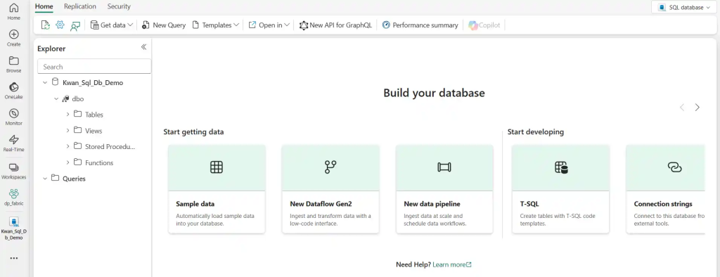 Base de données SQL nouvellement créée dans Fabric, interface vide prête à accueillir tables et procédures