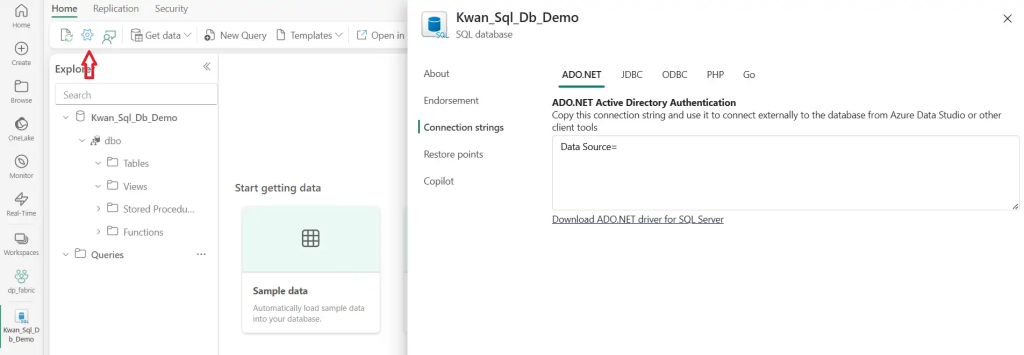 Option d'obtention de la chaîne de connexion d'une base de données SQL dans Fabric