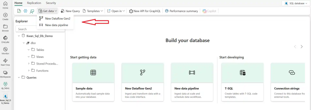 Options de chargement de données dans une base de données SQL Fabric
