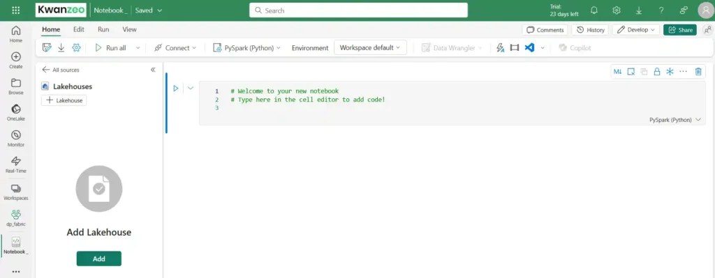 Notebook vide dans Microsoft Fabric, prêt pour l'écriture de code et l'analyse de données