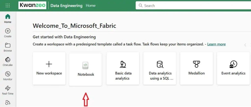 Options de création dans Microsoft Fabric : Lakehouse, Notebook ou tâche Spark, avec l'option Notebook mise en avant