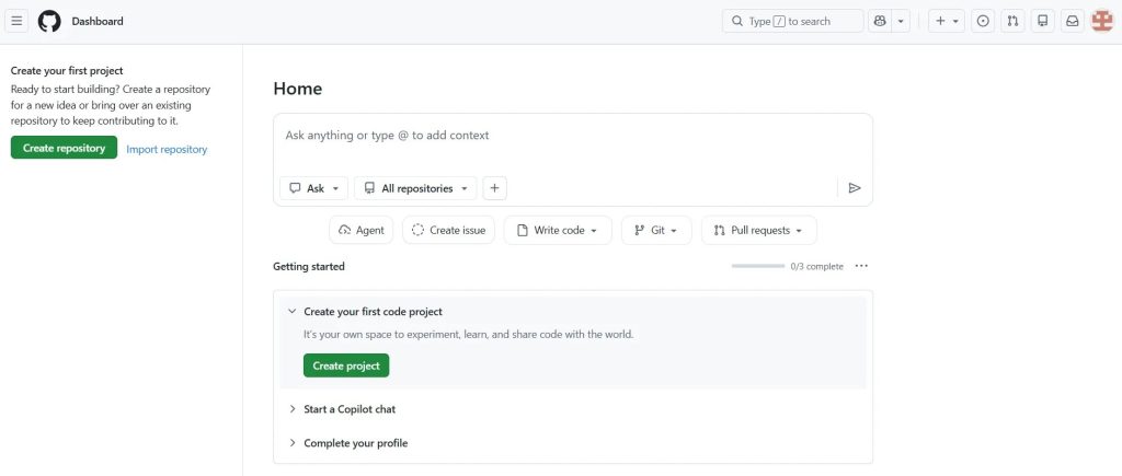 Bouton Create repository sur la page d'accueil GitHub.