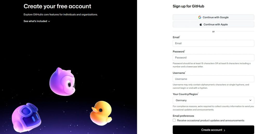 Formulaire d'inscription GitHub avec saisie de l'e-mail et du mot de passe.
