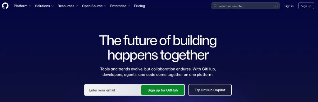 Page d'accueil GitHub avec le bouton d'inscription.