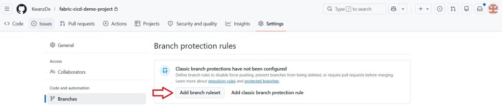 Création d'une règle de branche dans GitHub.