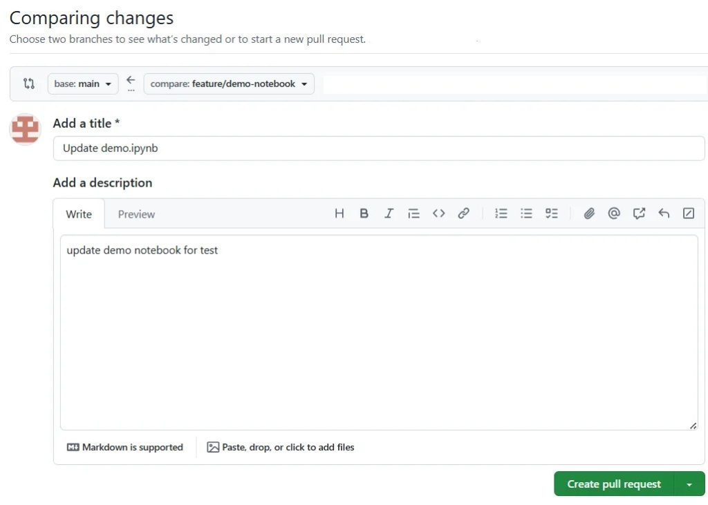 Formulaire de création de Pull Request dans GitHub.