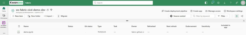 Notebook déployé dans le workspace Fabric DEV.