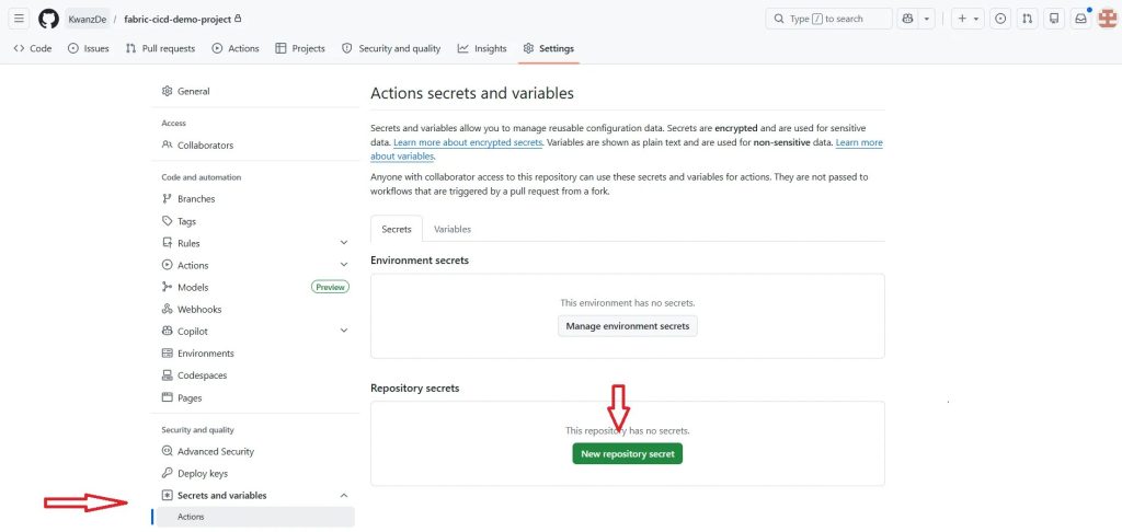 Écran d'ajout d'un secret dans GitHub Actions.