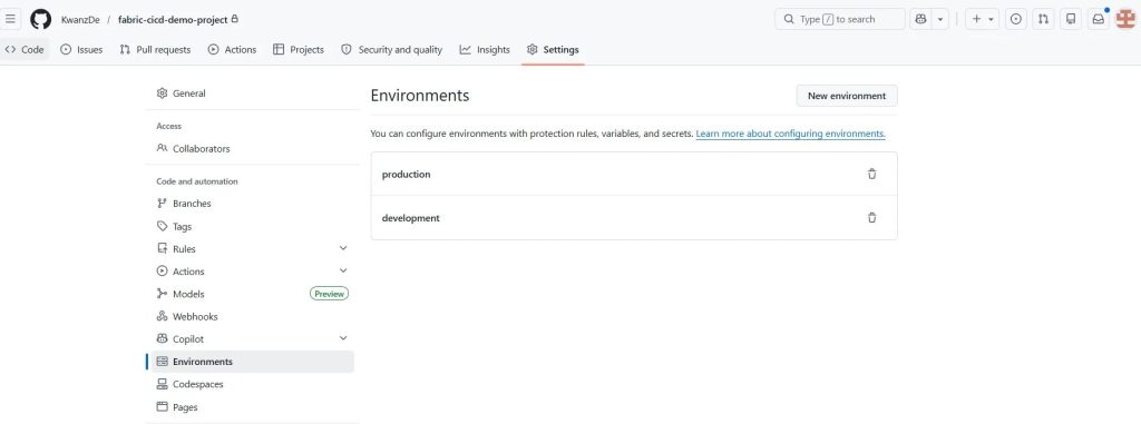Liste des environnements development et production dans GitHub.