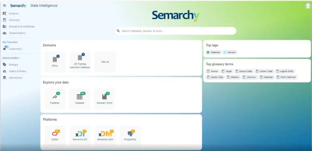 Interface de Semarchy xDG : domaines, initiatives, classifications, règles métier et indicateurs de performance