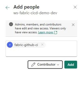 Ajout du Service Principal aux accès du workspace Fabric.
