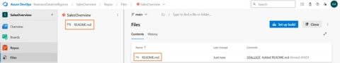 Référentiel Git initialisé dans Azure DevOps avec un fichier README et la branche main
