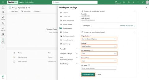 Configuration de la connexion Git dans Fabric : organisation, projet, référentiel et branche