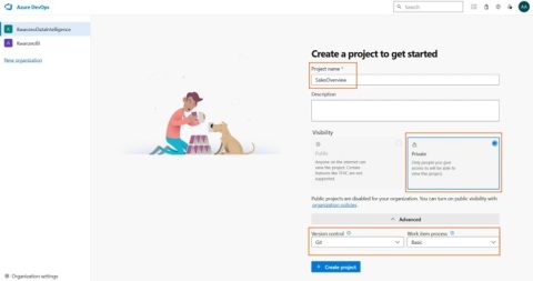 Formulaire de création d'un projet Azure DevOps avec nom, description et visibilité