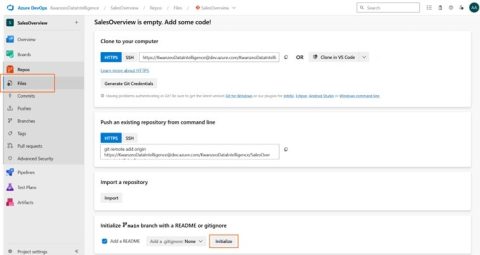 Option Initialize dans la section Repos > Files d'Azure DevOps