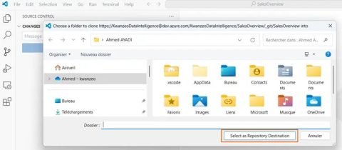 Sélection d'un dossier local dans Visual Studio Code pour cloner le référentiel Azure DevOps