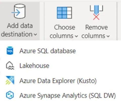 Sélection des destinations de données de Dataflow Gen2 : Azure SQL Database, Lakehouse, Azure Data Explorer et Azure Synapse Analytics