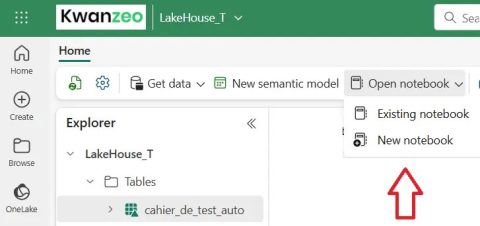 Option de création ou d'ouverture d'un Notebook depuis un Lakehouse dans Microsoft Fabric