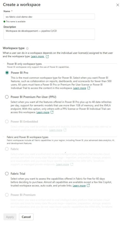 Validation de la création du workspace Fabric.
