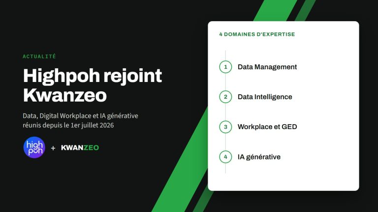 Illustration « Highpoh rejoint Kwanzeo », avec les logos de Highpoh et de Kwanzeo : 4 domaines d'expertise (Data Management, Data Intelligence, Workplace et GED, IA générative)