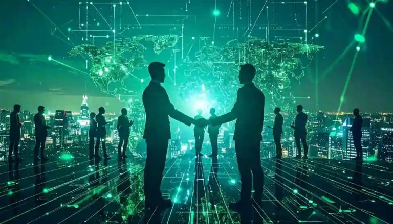 Silhouettes de professionnels se serrant la main devant une carte du monde numérique et un réseau de données lumineux