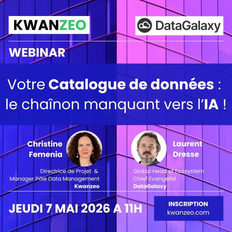 Visuel du webinaire Kwanzeo et DataGalaxy du 7 mai 2026 sur le catalogue de données et l'IA