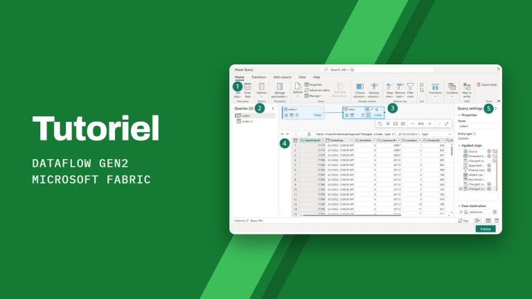 Tutoriel Dataflow Gen2 Microsoft Fabric : Interface de Dataflow Gen2 : ruban Power Query, volet des requêtes, vue diagramme, aperçu des données et paramètres de requête