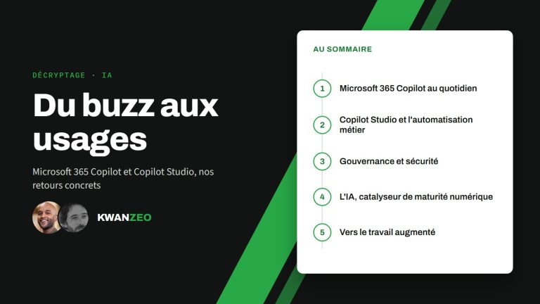 Illustration « Du buzz aux usages » : au sommaire (Microsoft 365 Copilot au quotidien, Copilot Studio et l'automatisation métier, Gouvernance et sécurité, L'IA, catalyseur de maturité numérique, Vers le travail augmenté)
