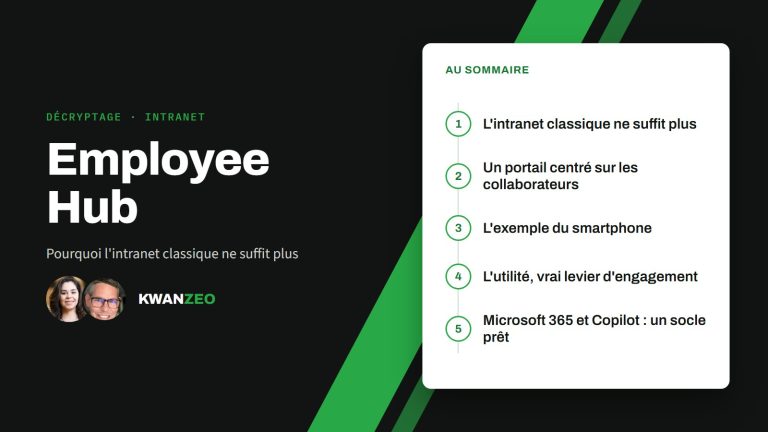 Illustration « Employee Hub » : au sommaire (L'intranet classique ne suffit plus, Un portail centré sur les collaborateurs, L'exemple du smartphone, L'utilité, vrai levier d'engagement, Microsoft 365 et Copilot : un socle prêt)