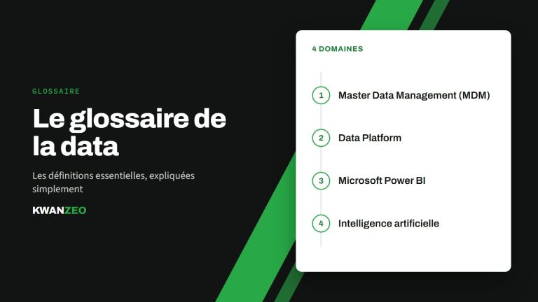 Illustration « Le glossaire de la data » : 4 domaines (Master Data Management (MDM), Data Platform, Microsoft Power BI, Intelligence artificielle)