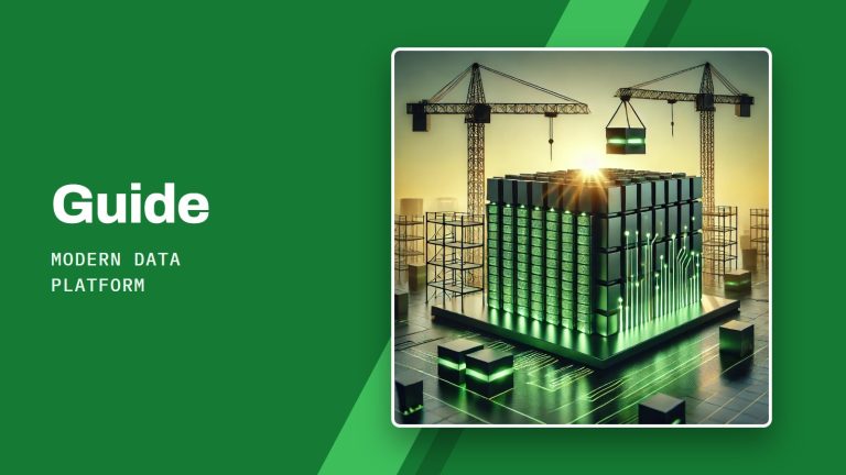 Guide Modern Data Platform : Illustration d'une plateforme de données en construction : blocs lumineux assemblés par des grues sur un circuit imprimé