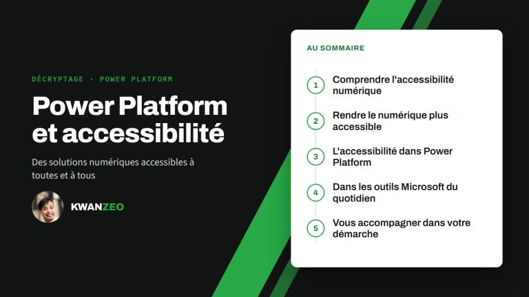 Illustration « Power Platform et accessibilité » : au sommaire (Comprendre l'accessibilité numérique, Rendre le numérique plus accessible, L'accessibilité dans Power Platform, Dans les outils Microsoft du quotidien, Vous accompagner dans votre démarche)