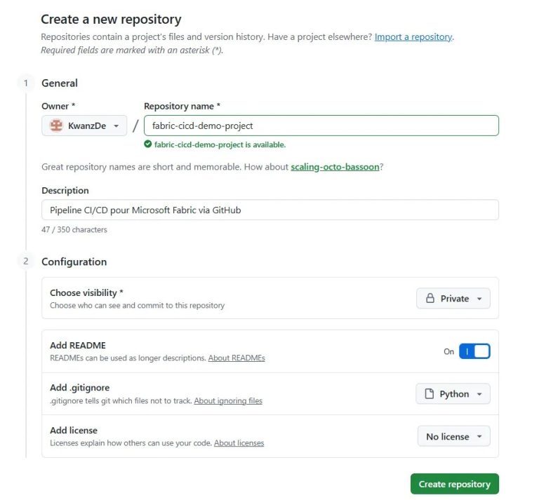 Formulaire de création de dépôt GitHub avec nom, description et options.
