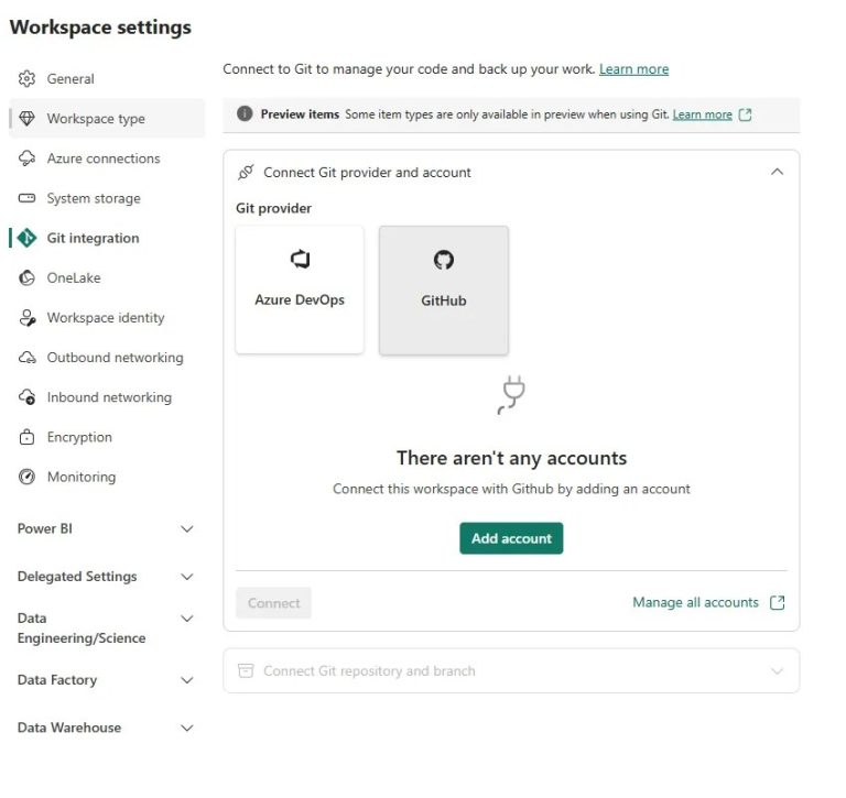 Paramètres d'intégration Git d'un workspace Microsoft Fabric.