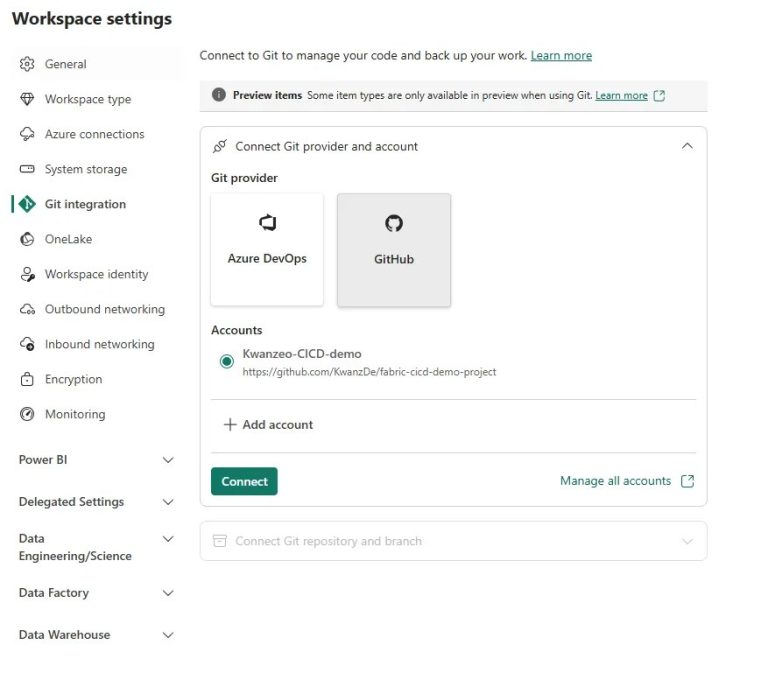 Sélection du dépôt et de la branche GitHub dans Fabric.